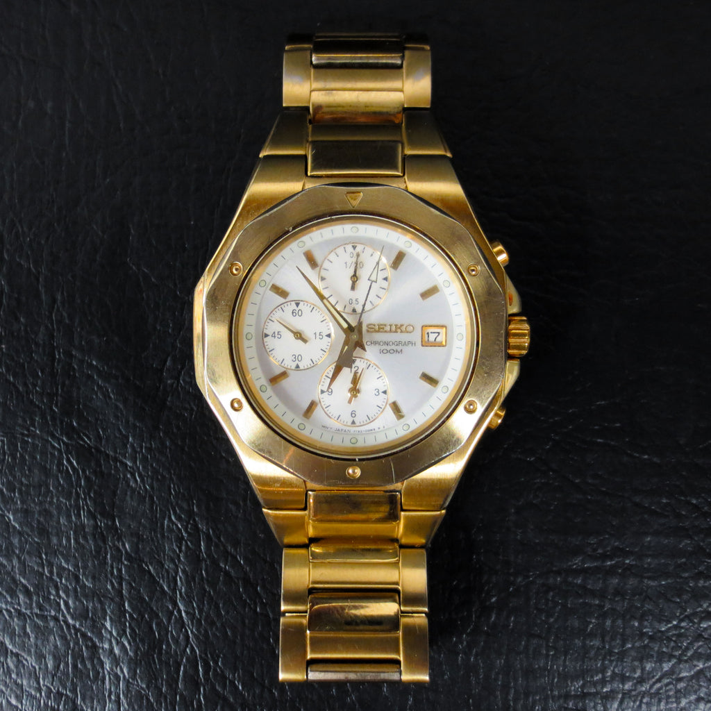 Seiko Chronograph Watch Large 44mm Case 10bar Model 7T92 3 Subdials Gold Tone
