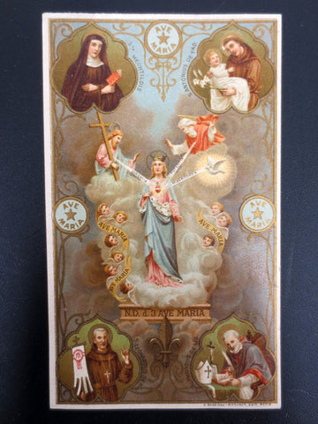 Antique Holy Card Canivet, Notre Dame of 3 Ave Maria, St Mechtildis, Antonius &