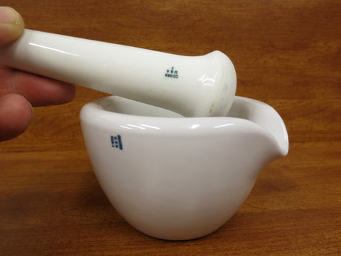 Vintage Pharmacy Chemistry Laboratory Mortar and Pestle 4" Dia. with Poorer, Made by Coors USA, Thick, White