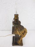 Rare 1910 Antique Figural Plaster Lamp Signed Petrucci Frères Brothers 19", Young Girl Smiling, Leaning on Light Post, Montreal, Tuscany