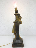 Rare 1910 Antique Figural Plaster Lamp Signed Petrucci Frères Brothers 19", Young Girl Smiling, Leaning on Light Post, Montreal, Tuscany