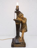 Rare 1910 Antique Figural Plaster Lamp Signed Petrucci Frères Brothers 19", Young Girl Smiling, Leaning on Light Post, Montreal, Tuscany