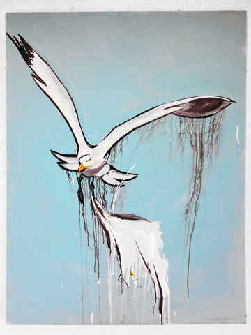 Painting by Quebec Artist Jerome Rochette 32X41" Seagull Seabird Flying "Les Nuisibles - The Harmful", Acrylic on Board
