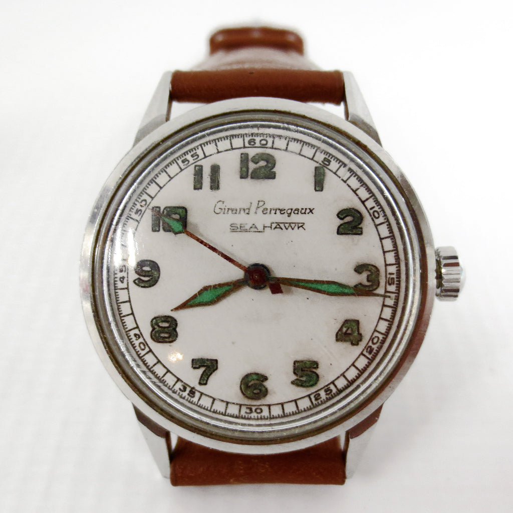 Vintage 1940's Girard Perregaux Sea Hawk Men' Watch with Rare Glow in the Dark Army Military Dial, White Dial, New Brown Leather Band
