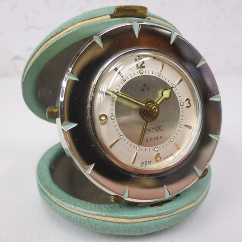 Vintage Portable Travel Alarm Clock Signed Peter Germany, 2 Rubis, 3 Stars, Chrome Face, Turquoise Leather Case, Atomic Starburst Clock