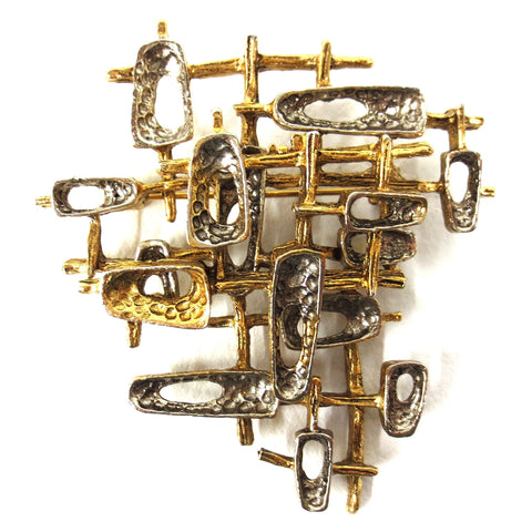 Vintage Mid Century Brutalist Two-Tone Brooch, Large Size 60mm, Abstract Shapes