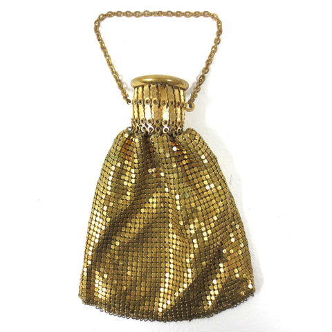 Art Deco Gold Mesh Evening Purse, Expandable Beggars Bag, Satin Lining, Chain Handle
