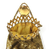 Art Deco Gold Mesh Evening Purse, Expandable Beggars Bag, Satin Lining, Chain Handle