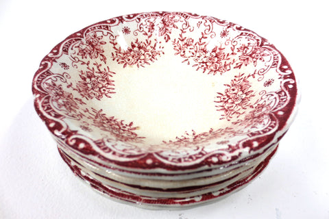 7 Small Antique Cartier England Desert Bowls 5" dia, Red Flowers